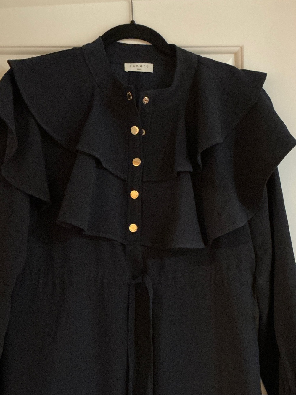 Sandro Black Ruffle Front Blouse with Gold Buttons